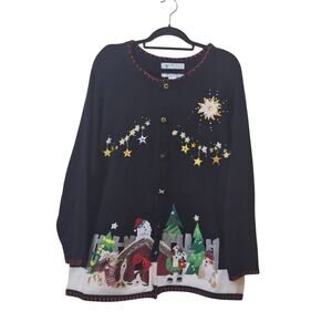 The Quaker Factory Women's Size 2X Christmas Dog Embroidered Christmas Sweater